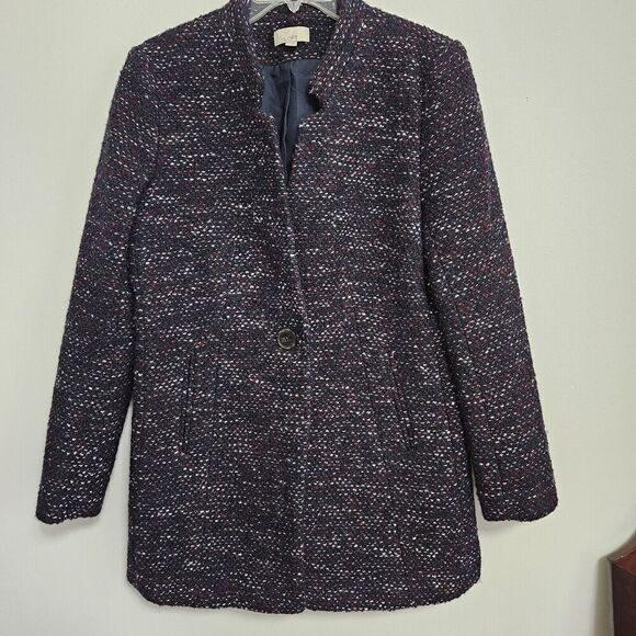 Loft Black & Red Woven Wool Blend Tweed Satin Lined Dress Coat Size Medium LNC - Picture 1 of 7